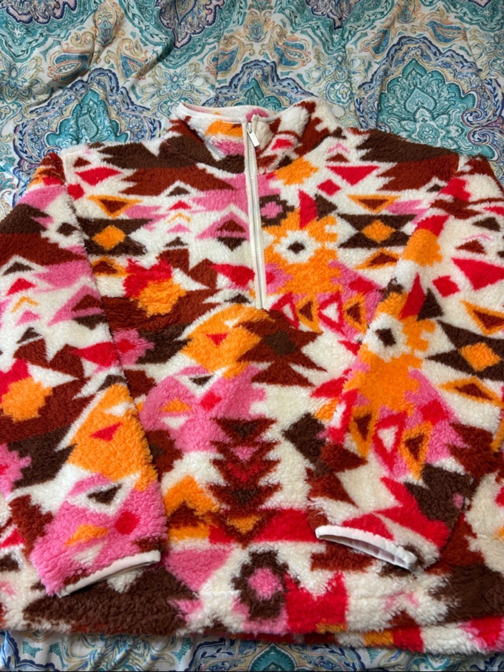 No Boundaries Aztec Sherpa Half-Zip Pullover - Pink, Orange, Brown, Cream